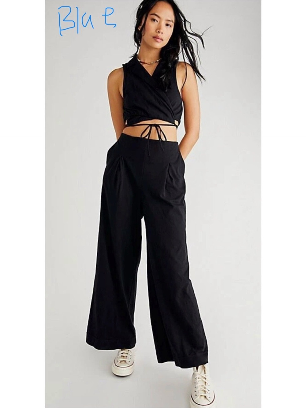 NWT Free People Sunday Funday Set Blue XS Wide Leg Wrap Crop Matching Set - Picture 2 of 4